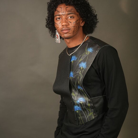 Upcycled Unique Unisex Floral Hand-Painted Black Leather Vest from SPARK + REBEL - Picture 3 of 10